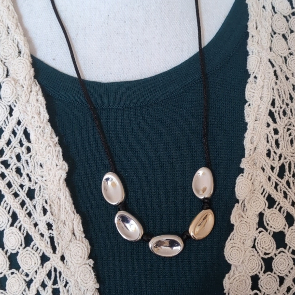 J. Jill Stylish Sculpted Mixed Metal Necklace w/ Black Adjustable Silk Cord NWT